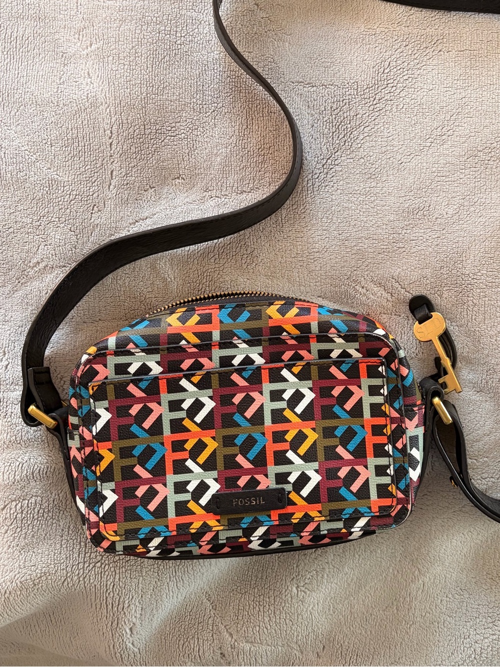 Fossil Multicolor Geometric Crossbody with Black Strap